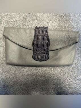 Gray Leather Clutch with Croc-Texture Accent